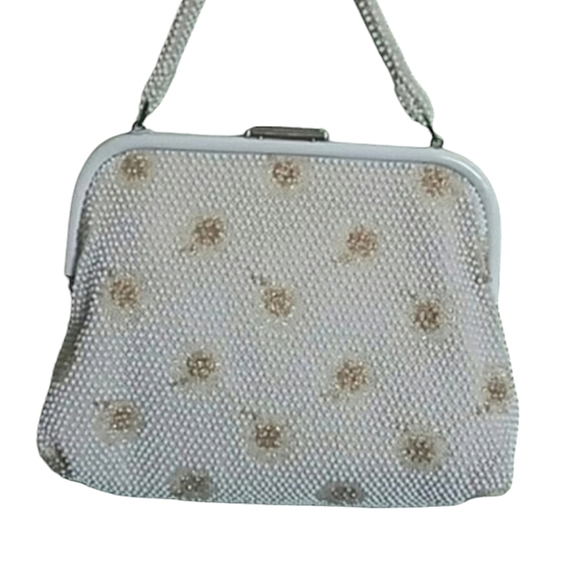 Vintage Beaded Handbag 1960's Cream and Gold Beaded Top Handle Bag Rever… - Picture 1 of 10